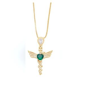 Gold-Tone Angel Wing Snake Necklace with Emerald Heart With Snake around it.